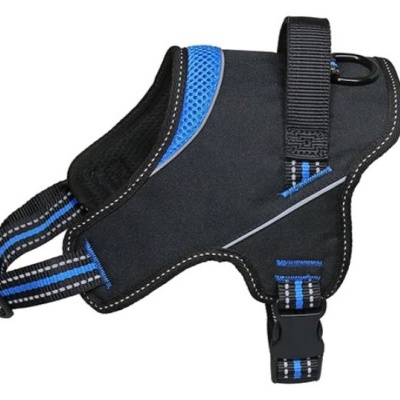 Arnês para cão preto com detalhes em azul e branco