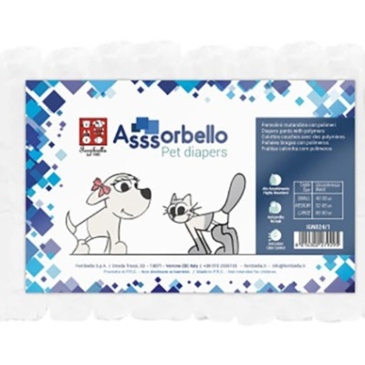 Fraldas para animais Asssorbello com rótulo azul e branco e desenhos de cão e gato