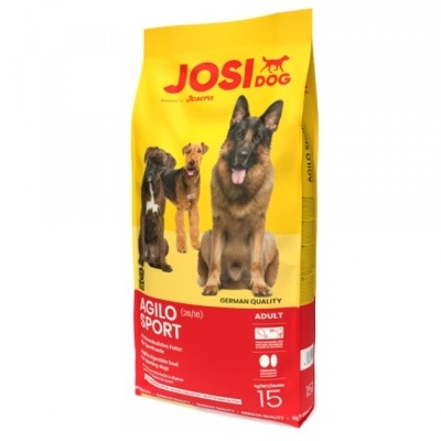 Saco amarelo e vermelho de ração para cães JOSI DOG AGILO SPORT com imagens de cães