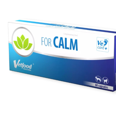 Caixa azul e branca de cápsulas Vetfood FOR CALM para animais
