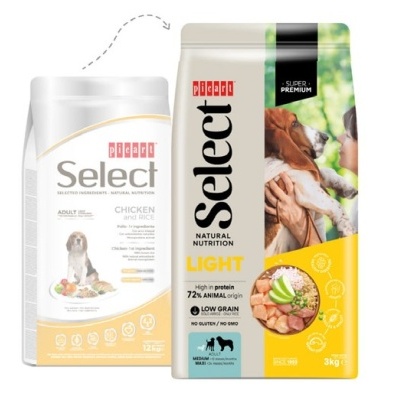 Duas embalagens de ração para cães Select com informações de produtos e imagens de cães.