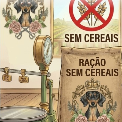 Saco de ração canina decorado, balança antiga, sinal de proibição de cereais