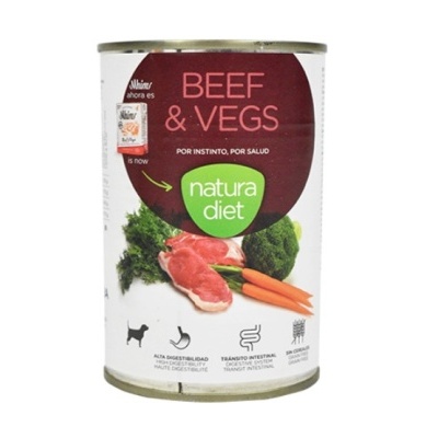 Lata de alimento para cães natura diet BEEF & VEGS com imagem de carne e vegetais