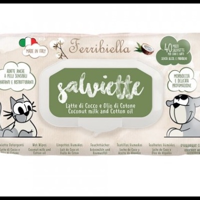 Embalagem de salvetes Terribiella com ilustrações de gatos e texto em italiano e português.