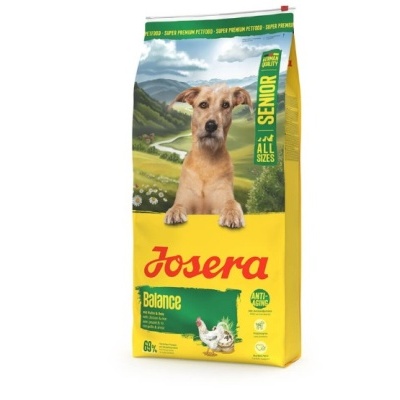 Saco de ração para cães Josera Senior Balance amarelo e verde com imagem de um cão