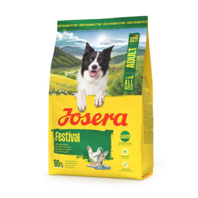 Saco de ração para cão Josera Festival amarelo com imagem de cão e paisagem