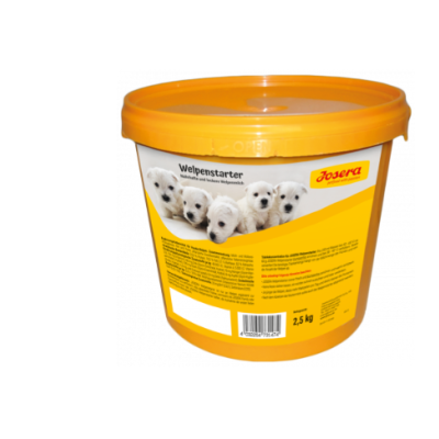 Embalagem plástica amarela com tampa laranja de 2,5 kg Josera Welpenstarter com foto de cachorros brancos.