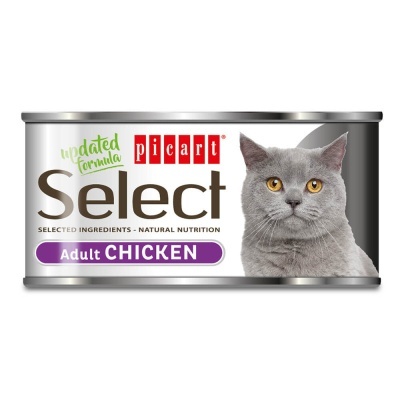 Lata de comida para gatos Picart Select Adult Chicken com imagem de gato cinzento