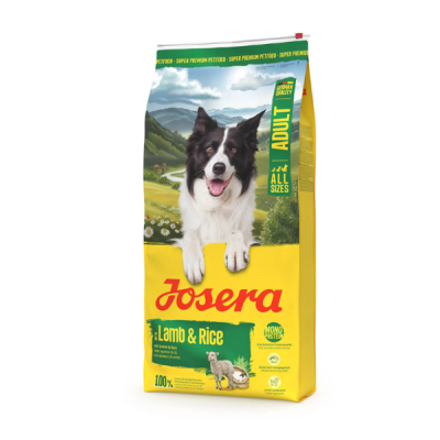 Saco de ração para cães Josera Lamb & Rice com imagem de cão e texto informativo