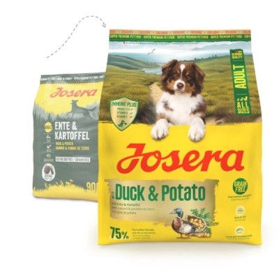 Saco de ração para cães Josera Duck & Potato com imagem de cachorro e patos