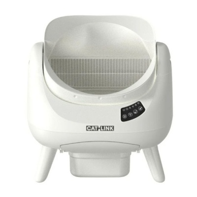 Caixa sanitária automática branca para gatos com painel de controlo e marca CAT LINK