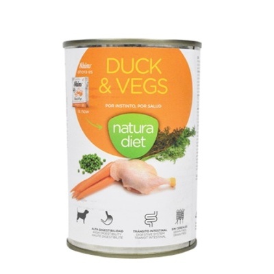 Lata de comida para cão natura diet sabor pato com vegetais em embalagem branca e laranja