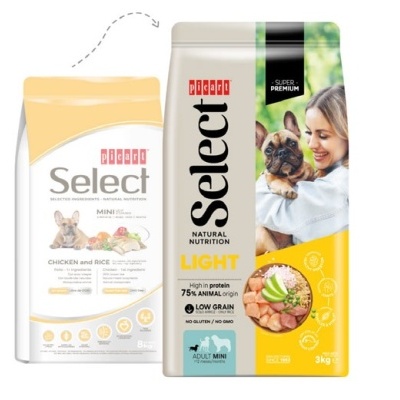 Sacos de ração para cães Select com imagens e texto em português