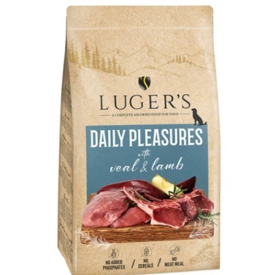 Pacote bege de ração LUGER'S Daily Pleasures vitela e cordeiro com imagem de carne sobre tábua.