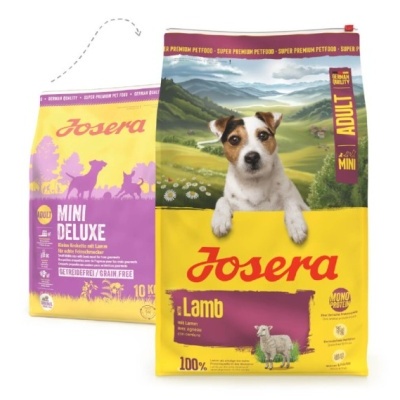 Embalagens de ração para cães Josera Mini Deluxe e Josera Lamb Adult Mini, amarelas e lilás