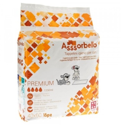 Pacote de tapetes higiênicos para cães Assorbello com cores laranja e branco e ilustrações de cães