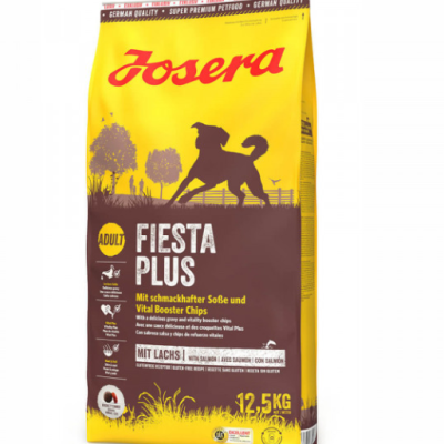 Saco amarelo e castanho de ração para cães Josera Fiesta Plus 12,5 kg