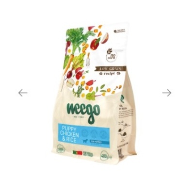 Embalagem branca de ração para cachorros Weego Puppy Chicken & Rice com ilustrações de legumes coloridos