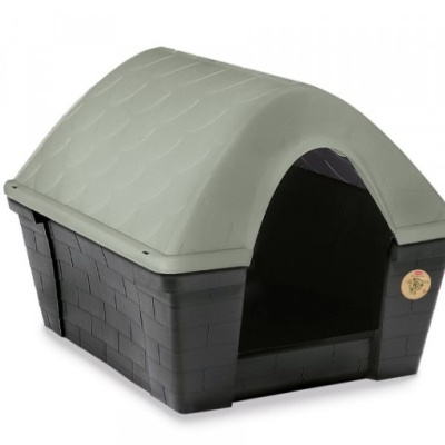 Casa para cães preta e cinzenta com entrada em arco