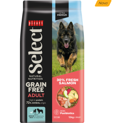 Saco de ração para cão picart Select grain free adulto 12kg com imagem de pastor alemão
