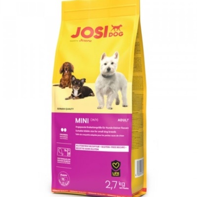 Saco de ração para cães JOSI DOG MINI 2,7 kg, amarelo e rosa, com imagens de três cães.