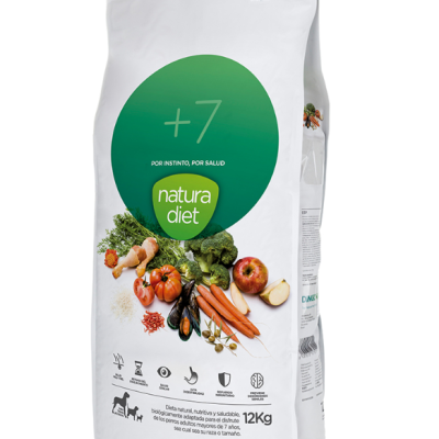 Saco branco de comida para cães Natura Diet com círculo verde e imagens de vegetais