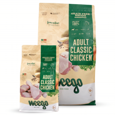 Sacos de ração para cães weego Adult Classic Chicken, embalagem bege e verde com imagens de frango
