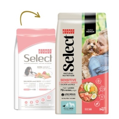 Embalagem de ração para cães Monter Select com imagem de cão e mulher e texto detalhado