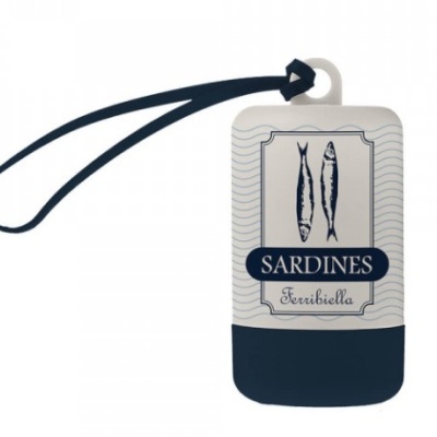 Etiqueta de papel com ilustração de sardinhas e texto Sardines Ferribiella