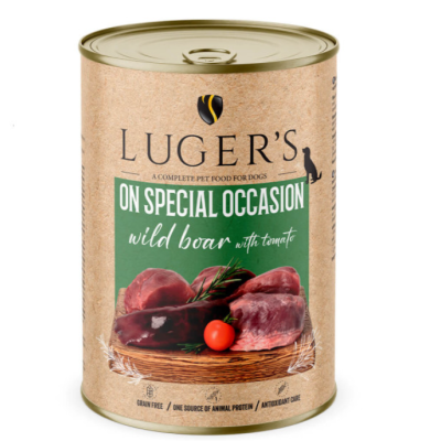Lata de comida para cães LUGER'S com design castanho e verde, mostrando carne de javali e tomate