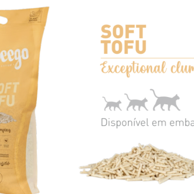 Saco de areia para gatos Neego Soft Tofu ao lado de areia em pellets e texto promocional