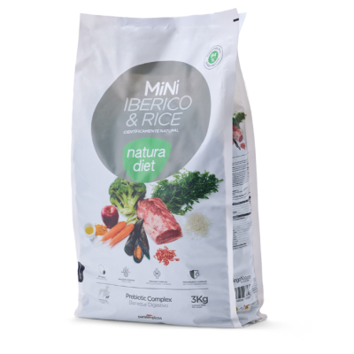 Saco de comida para animais Mini Iberico & Rice Natura Diet com imagens de ingredientes