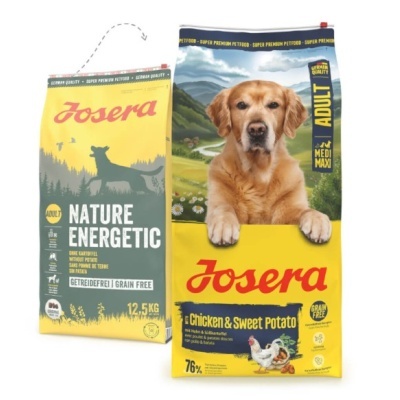 Duas embalagens de ração para cães Josera, uma para adulto Chicken & Sweet Potato e outra Nature Energetic grain free.