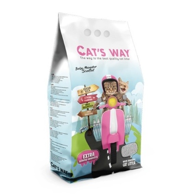 Saco colorido de areia para gatos CATS WAY com ilustração de gatos numa mota rosa