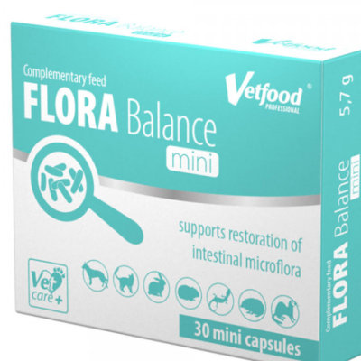 Embalagem de suplemento Vetfood FLORA Balance mini para microflora intestinal, com 30 cápsulas.