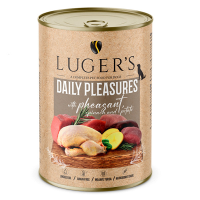 Lata de comida para cães LUGER'S Daily Pleasures com imagens de carnes e legumes