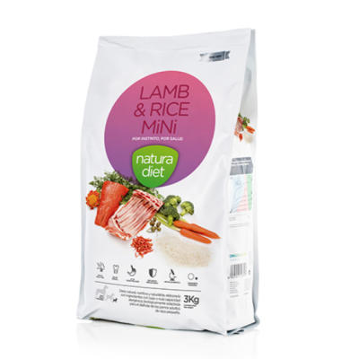Saco branco de comida para cães Lamb & Rice Mini Natura Diet 3kg