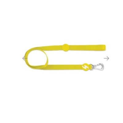 Trela amarela para animais com fecho metálico prateado e detalhe de raio