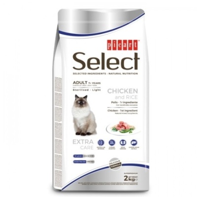 Saco branco de ração para gatos Picart Select com imagem de gato e frango