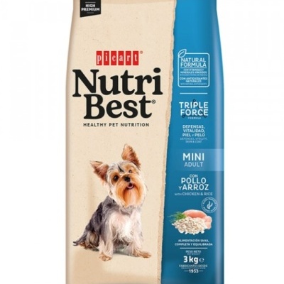 Saco de ração Nutri Best Mini Adult para cães, embalagem azul e bege com cão pequeno, texto sobre ingredientes e benefícios.