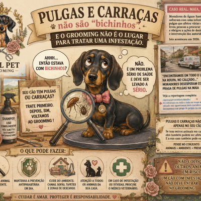 Ilustração de cão com lupa mostrando pulga e carraça, texto sobre prevenção de pulgas e carraças em português.