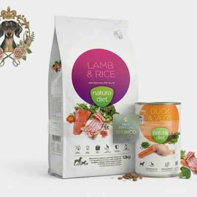 Produtos para animais Lamb & Rice e Duck & Vegs Natura Diet com ingredientes frescos ilustrados.