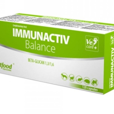 Caixa verde e branca do suplemento Vetfood Immunactiv Balance para vários animais, com 120 cápsulas.