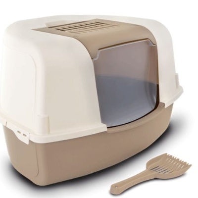 Caixa para gato em plástico bege com porta frontal e pá de limpeza.