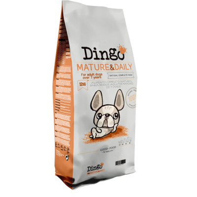 Saco de ração para cães Dingo com design branco e laranja e figura de cão cartoon.