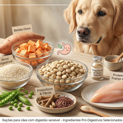 Ingredientes para ração de cão com batata doce, arroz digestível, prebióticos, fibras e proteína de frango com cão dourado ao fundo.