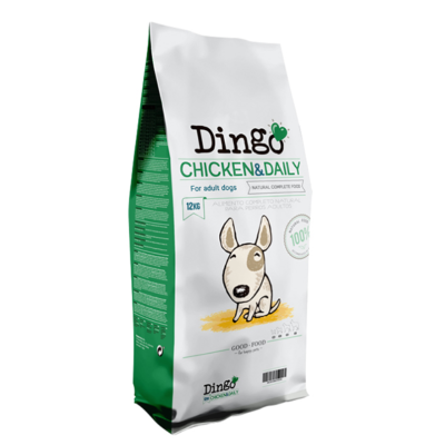 Saco de ração para cães Dingo Chicken & Daily 12kg com ilustração de cão