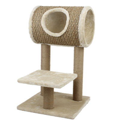 Arranhador para gatos com base, postes revestidos a corda natural e tubo oco forrado a tecido macio