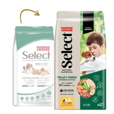Saco de ração para cães Picart Select Mini Puppy Pollo y Arroz com imagem de menino e cachorro