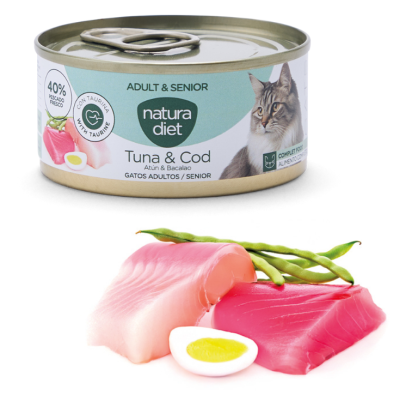Lata de comida para gatos Natura Diet Atum & Bacalhau com pedaços de peixe, ovo e ervilhas verdes